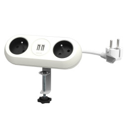 Przedłużacz 2gn 1.4m 2xUSB biały biurkowy + uchwyt 2x2P+Z