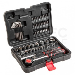 Zestaw kluczy nasadowych 63 elementy: grzechotka 3/8" + nasadki + akcesoria + walizka TOP TOOLS