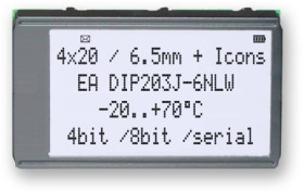 LCD text display, 4 x 20 character, FSTN, viewing area: 75 x 38 mm, EA DIP203J-6NLW