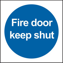 Znak BHP, tekst: "Fire Door Keep Shut, Winyl, kolor: Niebieski, 100 x 100mm Etykieta