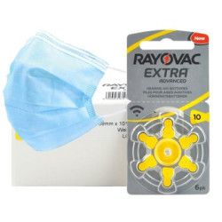 60 x baterie do aparatów słuchowych Rayovac Extra Advanced 10 + 10x jednorazowa maseczka 3-warstwowa chirurgiczna
