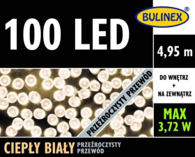 100 LED lampki z zasilaczem biały ciepły,przewód przeźroczysty 4,95m dł. + 3m przyłącza wewn/zewn 230V/31V 3,72W IP44 13-117