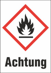 Hazardous goods sign, symbol: GHS02/text: &quot;Achtung&quot;, (W) 26 mm, plastic, 013.23-9-37X26-W1 / 36 ST