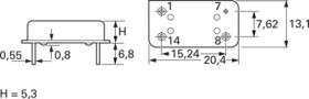 Crystal oscillator, 32 MHz, ±50 ppm, 15 pF, THT, (L x W x H) 20.4 x 13.1 x 5.3 mm, O- 32,000000M-AQO 14-50-5,0-A