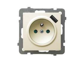 AS Gniazdo pojedyncze z uziemieniem z przesłonami torów prądowych z ładowarką USB ecru GP-1GZPUSB/m/27 OSPEL