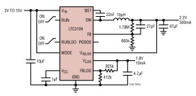 2.6μA Quiescent Current, 15V, 300mA Synchronous Step-Down DC/DC Converter and 10mA LDO