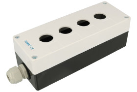 Obudowa przycisku; LAY5-BP04; biało-czarny; plastik; IP54; z dławnicą PG13,5; poczwórna; 196x72x65mm; panelowe 22mm; YUMO; RoHS