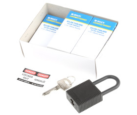 Kłódka średnica szekli: 6.35mm Brady z kluczem W budynkach, na zewnątrz Nylonowe Czarny LOTO-6 38,10 x 86,50 x 20,83 mm