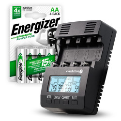 ZESTAW Ładowarka akumulatorków Ni-MH everActive NC-3000 + 4x Akumulatorki R6 ENERGIZER POWER PLUS 2000 HR6