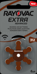 312AUX-6XEMF Hearing aid battery, zinc-air, 7.8 x 3.5 mm, Aid 312, pack of 6