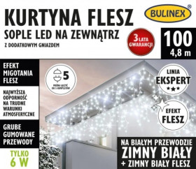 Kurtyna świetlna zewnętrzna flesz 100l kurtyna sople z dod.gn. 5m dekoracji+1,5 m przewodu zasilającego biały/biały flash 25-334