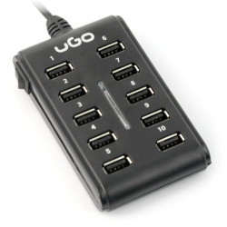 uGo UHU-1012 - aktywny HUB 10-portowy USB 2.0 z włącznikiem i zasilaczem 5V/2A dla Raspberry Pi