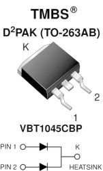 VBT1045CBP-M3 Trench MOS Barrier Schottky Rectifier for PV Solar Cell Bypass Protection Ultra Low VF = 0.34 V at IF = 2.5 A