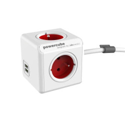 Przedłużacz PowerCube Extended USB 1.5m, rozgałęźnik 4 gniazda + 2x USB, czerwony