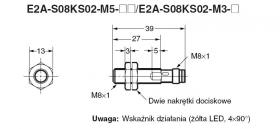 E2A-S08KS02-M5-B2, Czujnik indukcyjny, M8x1, PNP/NC, sr=2mm złącze M8x1, dł. obudowy 39mm, czoło zakryte, obudowa ze stali szlac