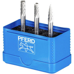 PFERD 22900810 Burr set: 3 HSS pins 6mm shank break-proof box.