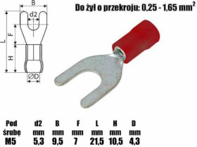 1x Konektor widełki 5,3mm na kabel 0,25-1,65mm2 izolowany czerwony