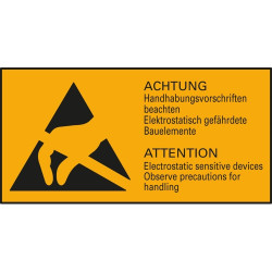 Warning sign, ESD logo with warning notice, (L x W) 26 x 52 mm, plastic, 083.95-9-26X52-B/10, package with 10 pieces