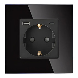 Gniazdo elektryczne pojedyncze Schuko z USB A+C 20W - szklana ramka - czarne - Tawoia Glass