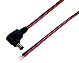 DC connection cable, 500 mm, red/black, plug 2.5 x 5.5 mm, angled to open end, 075156