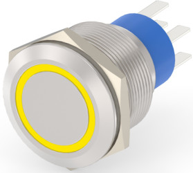 Vandal-proof pushbutton switch, 2 pole, silver, illuminated  (yellow), 5 A/250 VAC, mounting Ø 22.2 mm, IP67, 6-2213772-9