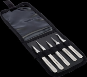 ESD plastic tweezers kit (5 tweezers), uninsulated, antimagnetic, stainless steel, 120 mm, 9857
