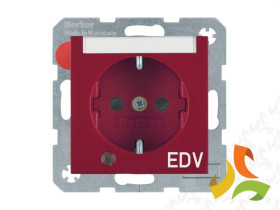 BERKER B.KWADRAT Gniazdo z uziemieniem schuko z przesłonami lampką kontrolną i polem opisowym nadruk "EDV" czerwony połysk 41108