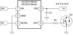 Automotive 4-A/4-A single-channel gate driver with 5-V UVLO, enable, and inverting CMOS input