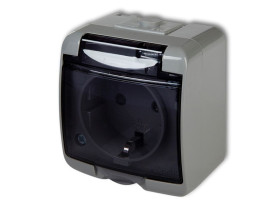 JUNIOR IP54 Gniazdo pojedyncze z uziemieniem schuko (klapka dymna: przesłony torów prądowych) popielaty 10GHE-1sdp KARLIK