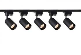 Szynoprzewód 2m czarny + 5x Lampa MALGA T Black + Końcówka zasilająca czarna + Zaślepka czarna