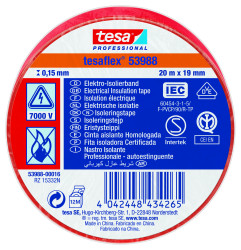 Taśma izolacyjna Czerwony szerokość: 19mm grubość: 150mm długość: 20m Miękki PVC 7000V Tesa