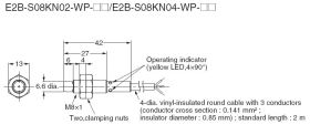 E2B-S08KN04-WP-B2 2M, Czujnik indukcyjny, M8x1, PNP/NC, sr=4mm przewód dł. 2m, dł. obudowy 42mm, czoło odkryte, obudowa ze stali