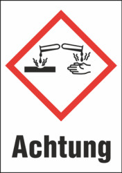 Hazardous goods sign, symbol: GHS05/text: &quot;Achtung&quot;, (W) 26 mm, plastic, 013.28-9-37X26-W1 / 36 ST