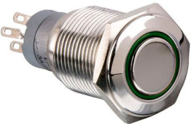 Vandal-proof pushbutton switch, 2 pole, silver, illuminated  (red), 1 A/110 V, mounting Ø 16.2 mm, IP40, MP0045/1E2RD012