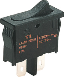 Rocker switch, black, 1 pole, On-Off, off switch, 6 (2) A/250 VAC, 4 (1) A/250 VAC, IP40, unlit, unprinted, 1901.1102