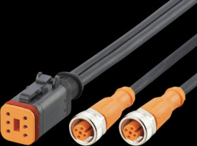 Sensor actuator cable, DEUTSCH cable socket, straight to 2 x M12 cable socket, straight, A, 6 pole, 1 m, PUR, black, 4 A, E12682