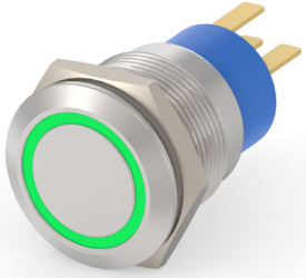 Vandal-proof pushbutton, 1 pole, silver, illuminated  (green), 0.4 A/250 VAC, mounting Ø 19.2 mm, IP67, 1-2213767-4