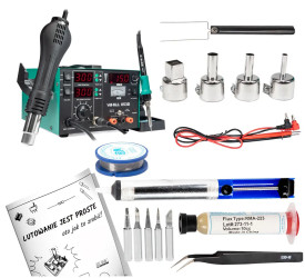 Zestaw stacja lutownicza 853D 1A 15V groty, cyna, topnik, odsysacz, pinceta