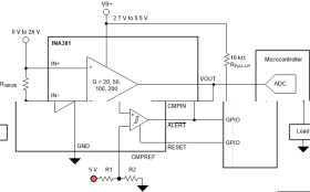 26-V, 350-kHz current sense amplifier with integrated over-current comparator