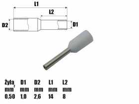 Tulejka izolowana 8mm, na przewód 0.5mm2