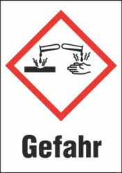 Hazardous goods sign, symbol: GHS05/text: &quot;Gefahr&quot;, (W) 37 mm, plastic, 013.29-9-52X37-V / 16 ST.