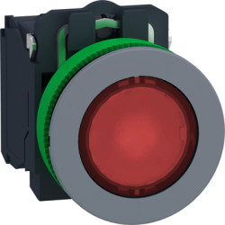 Pushbutton, for universal LED, illuminable, 1 Form A (N/O) + 1 Form B (N/C), waistband round, red, front ring light gray, mounti