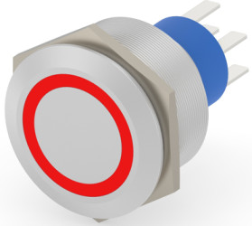 Vandal-proof pushbutton, 2 pole, silver, illuminated  (red), 3 A/250 VAC, mounting Ø 25.2 mm, IP67, 2-2317656-3