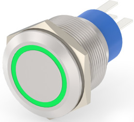 Vandal-proof pushbutton, 1 pole, silver, illuminated  (green), 5 A/250 V, mounting Ø 22.2 mm, IP67, 1-2213772-5