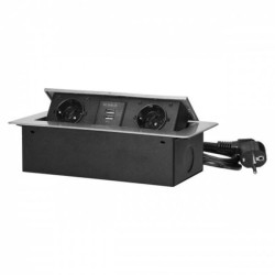 Gniazdo meblowe wpuszczane w blat z płaskim frezowanym rantem, ładowarką USB i przewodem 1,5m, 2x2P+Z (Schuko), 2xUSB (typ A, 2,