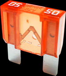 Automotive flat fuse, 50 A, 32 V, red, (L x W x H) 29.5 x 9 x 34.1 mm, F9050