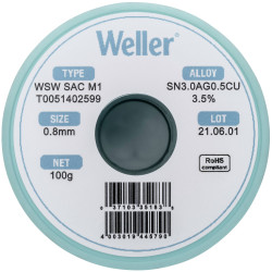 Weller T0051402599 Lead-Free Solder Reel Sn30Ag05Cu 100g 0.8mm