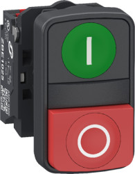 Double pushbutton, labeled I/O, unlit, groping, 1 Form A (N/O) + 1 Form B (N/C), waistband round, green/red, front ring dark gra