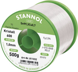 Cyna lutownicza bezołowiowa Stannol Kristall 600 Fairtin bezołowiowa Sn99,3Cu0,7 REL0 500 g 1 mm