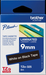 TZE-325 Laminated labelling tape, white on black, 9 mm